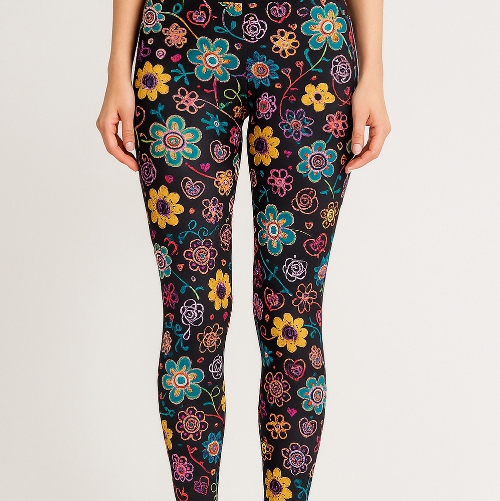 Bula Leggings Size Large Floral Stretch Thick Black Logo Waistband